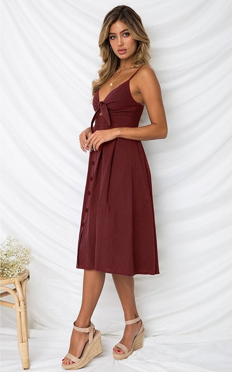 ECOWISH Women 2024 Summer Dresses Tie Front V-Neck Spaghetti Strap Button Down A-Line Backless Swing Midi Dress 572 Wine Red S - Image 3
